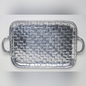 Vintage Pewter Silver Rectangular Serving Tray - Bamboo Weave, 13"  x 9.5"